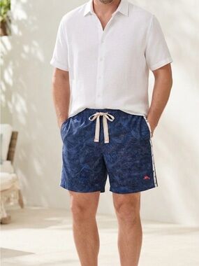 Tommy Bahama Blue Palm-Print Swim Trunks with Contrast Drawcord